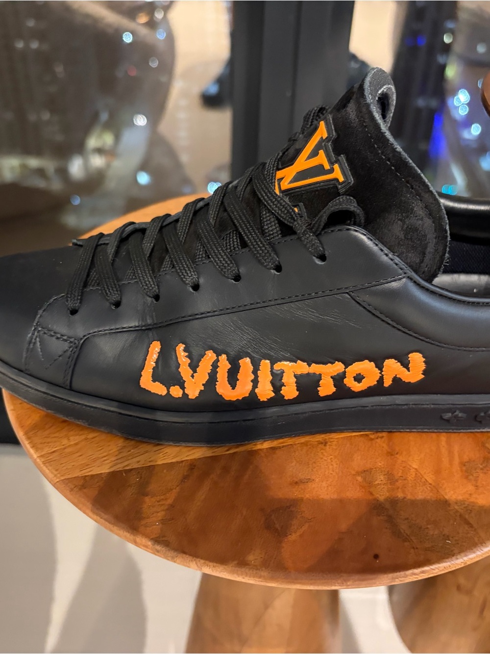 Louis Vuitton Black Leather Men's Low-Top Sneaker with Orange LV Script